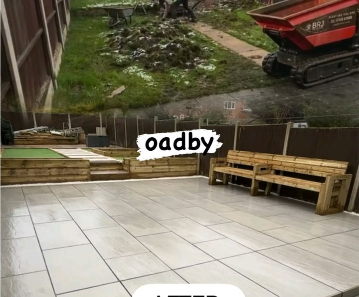 Transformation of a messy garden into a tiered patio with wooden benches in Oadby
