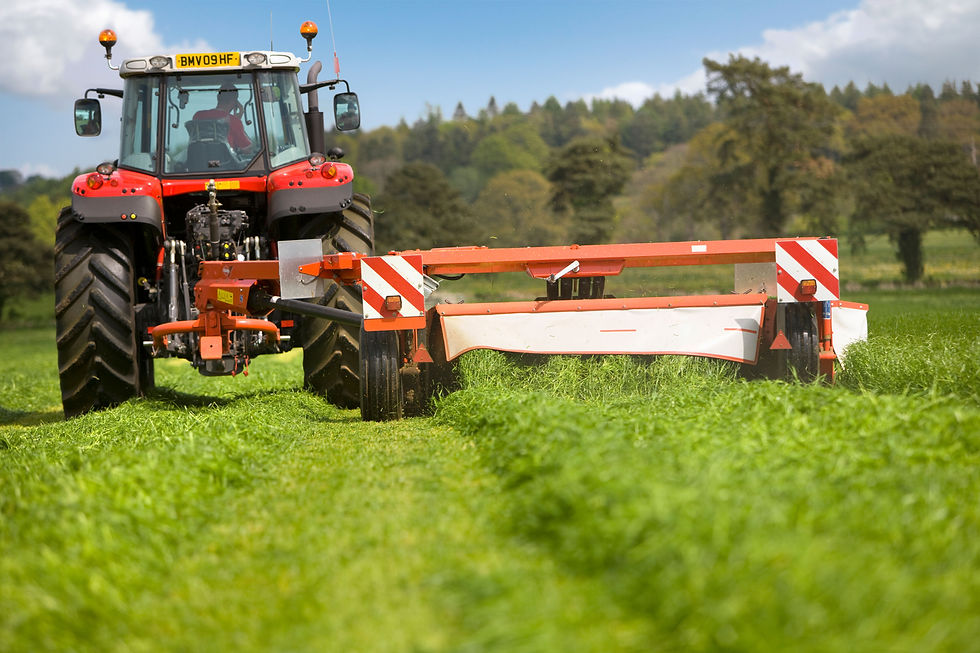 Red tractor cutting green grass with a mower implement in a field.