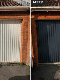 Before and after of white garage door sprayed anthracite grey