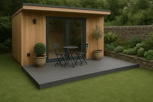 Modern garden shed with wooden siding, glass doors
