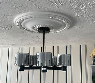 Ceiling-mounted chandelier with six smoky glass shades