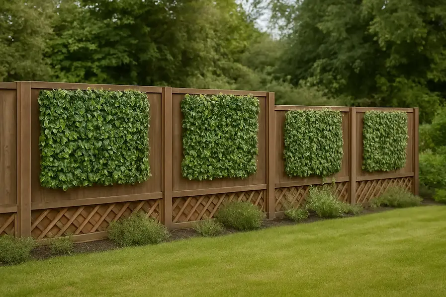 A wooden fence with lattice panels features square sections of lush green ivy