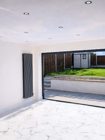 Interior view of a white room with marble flooring, spotlights, and a vertical grey radiator