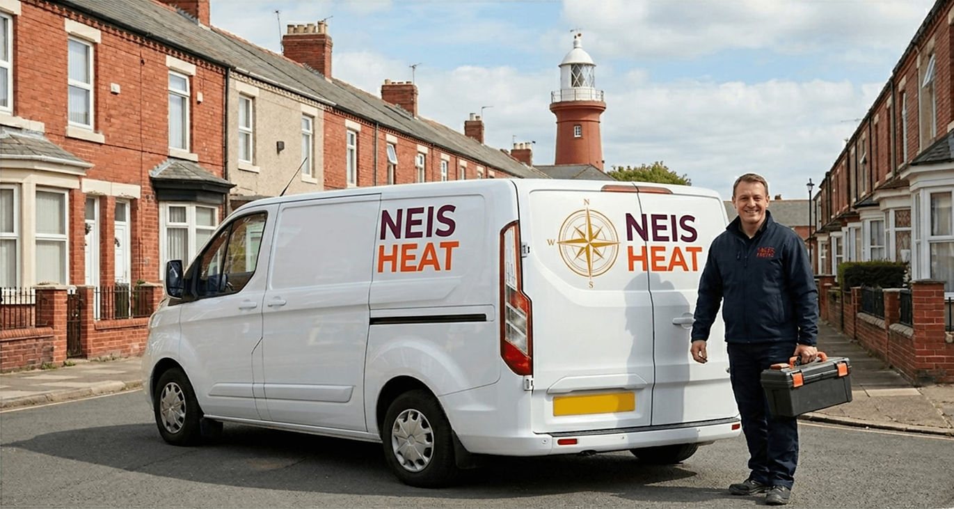 A smiling man in work attire stands beside a white van labeled "NEIS HEAT" on a residential street