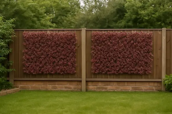 A wooden fence features two panels covered in dense