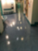 Shiny polished blue floor in a long hospital corridor