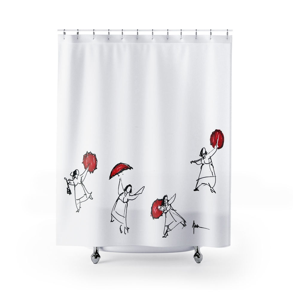 Shower Curtain - Adam's Delightful Ladies with Red Umbrellas Dancing Design