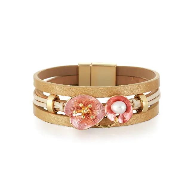 Leather With Pearl Flower Bracelet