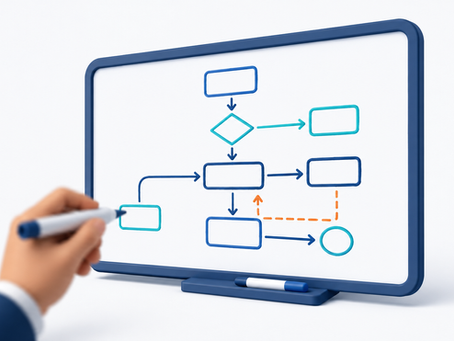Handgezeichnetes Flussdiagramm mit Pfeilen und Kästchen auf einem Whiteboard