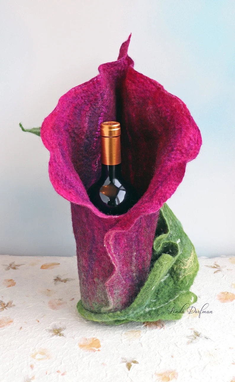 Felted Calla Lily Wine Bottle.webp