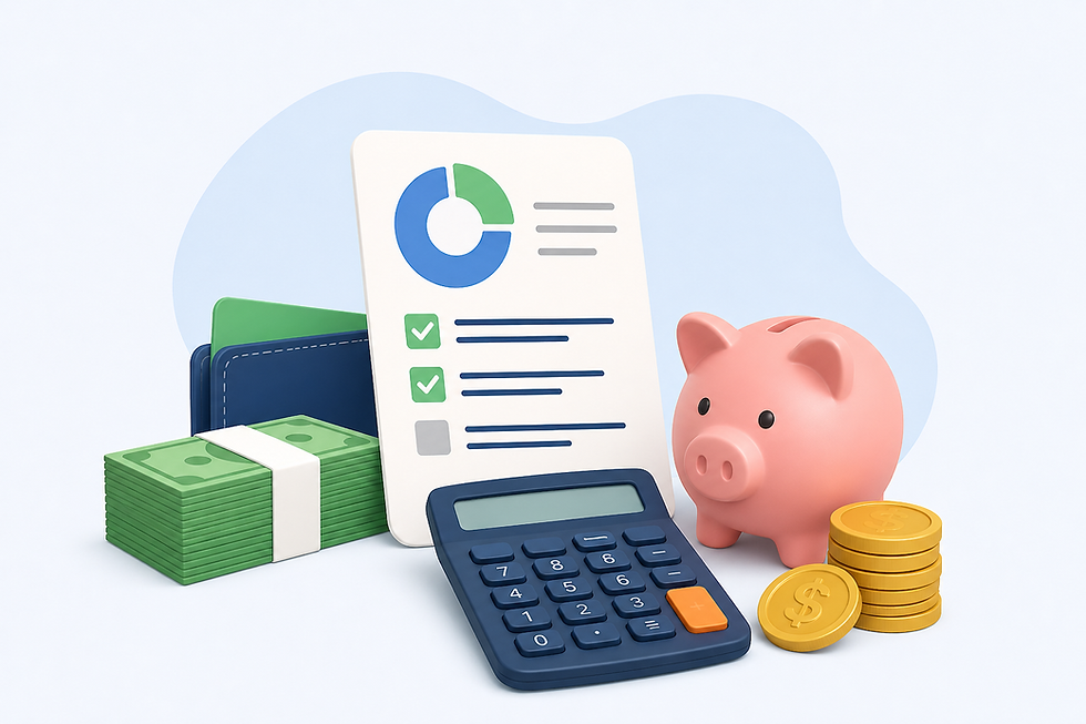 Cofre de porquinho rosa, pilhas de moedas, calculadora azul, gráfico colorido e notas de dinheiro em fundo azul claro, simbolizando finanças.