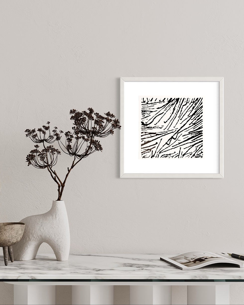 Thumbnail: Monochrome abstract of random black scratches in all directions on white background. Framed in white.