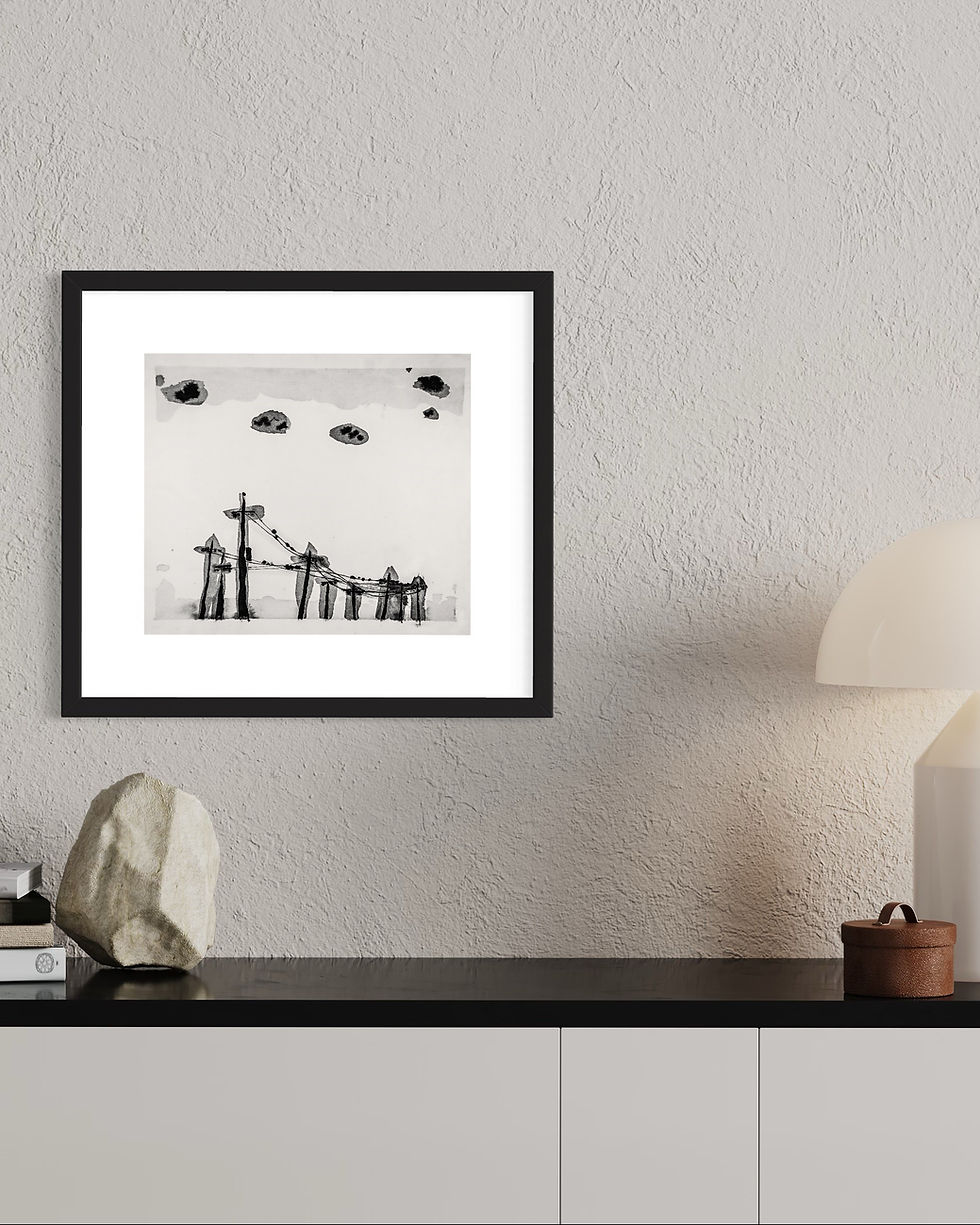 Haunting monochrome and abstract image of a field with telegraph poles and the hint of cables and birds. Framed in black.