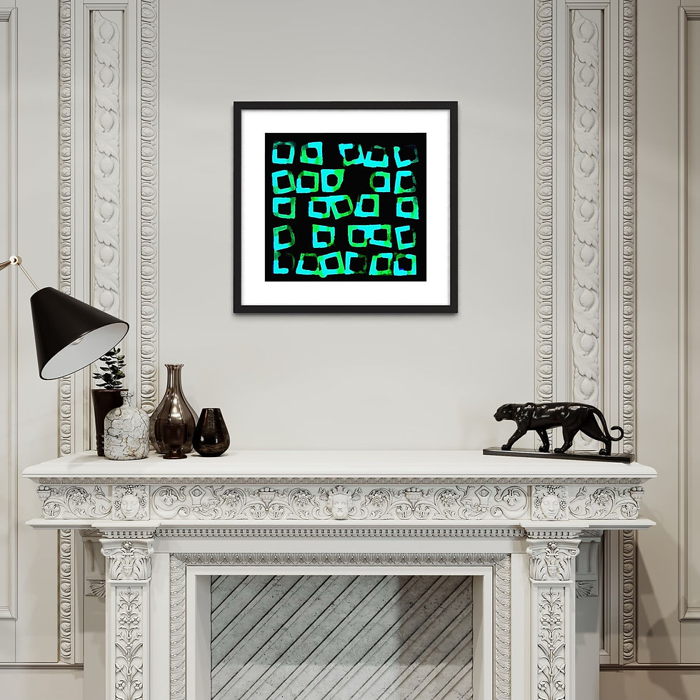 Abstract of random square outlines in blues and greens on a black background. Framed in black.