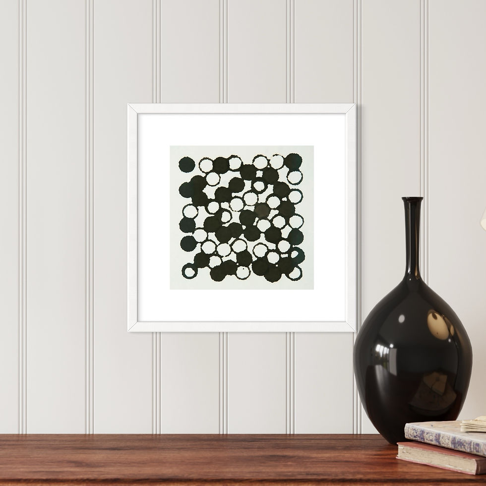 Thumbnail: Random pattern of connected black circles and rings on white background. Framed in white.