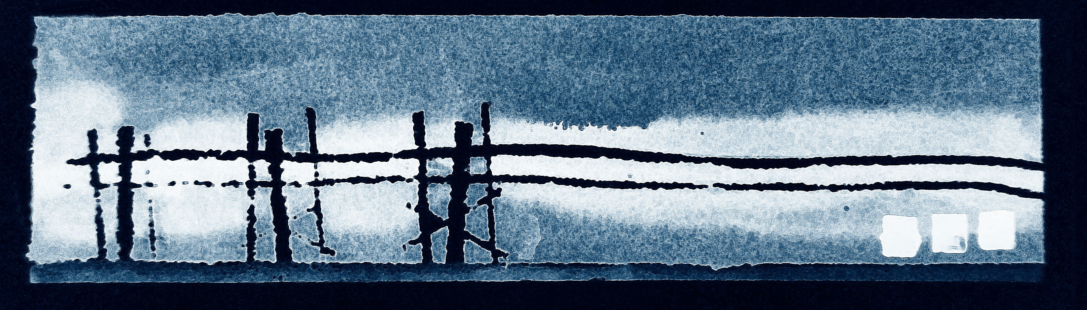 Stylised abstract post and rail fence in black against a stormy white and blue background.