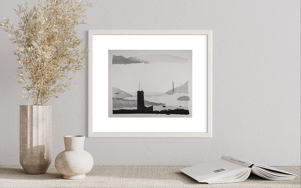Thumbnail: Stylised monochrome abstract of a tower in the foreground, lake and shoreline. Framed in white.