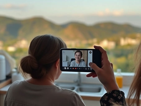 Duas mulheres na cozinha durante uma chamada de vídeo, representando a distância familiar e o luto de brasileiros no exterior.