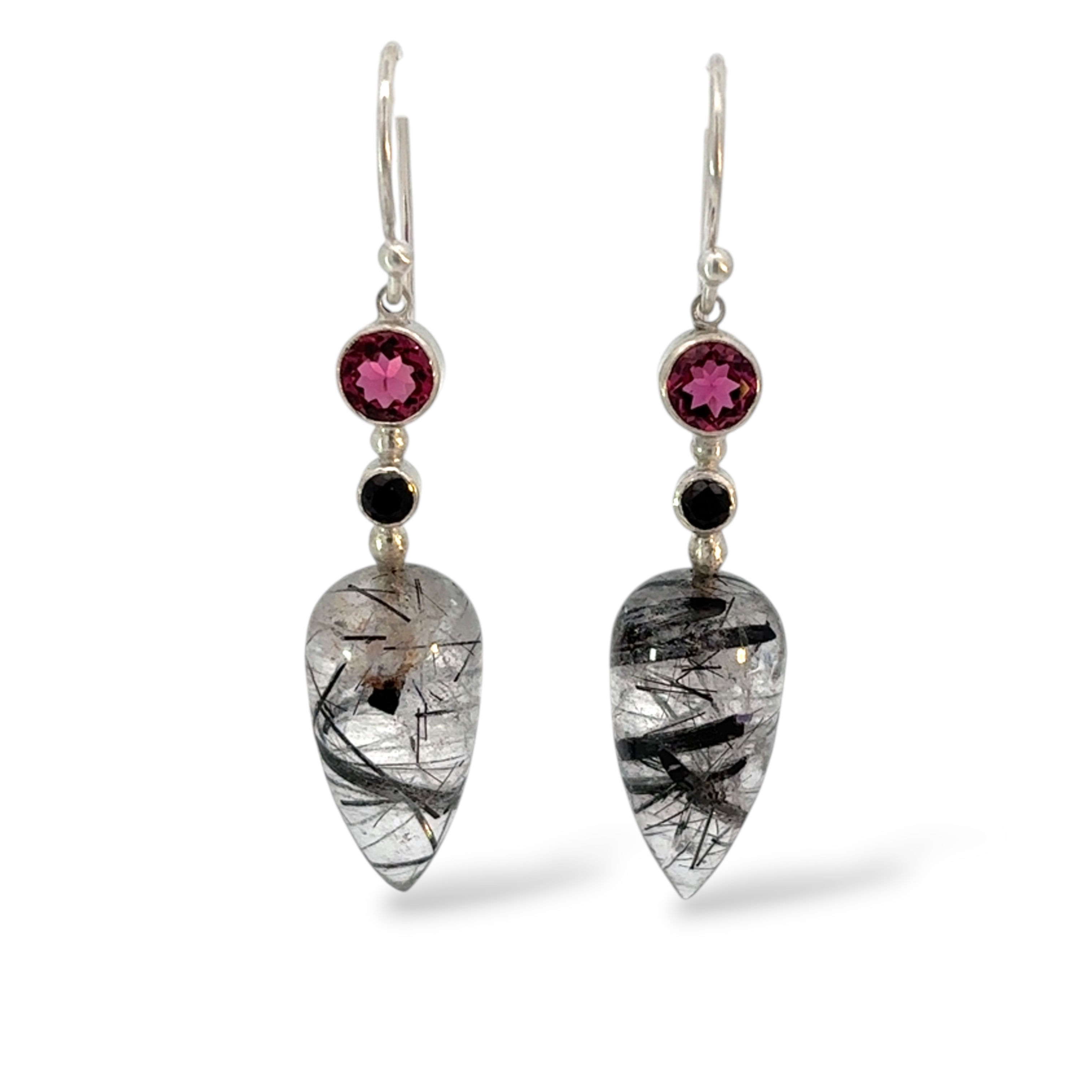 Rutilated Quartz, Rubellite Tourmaline, Black Spinel Earrings