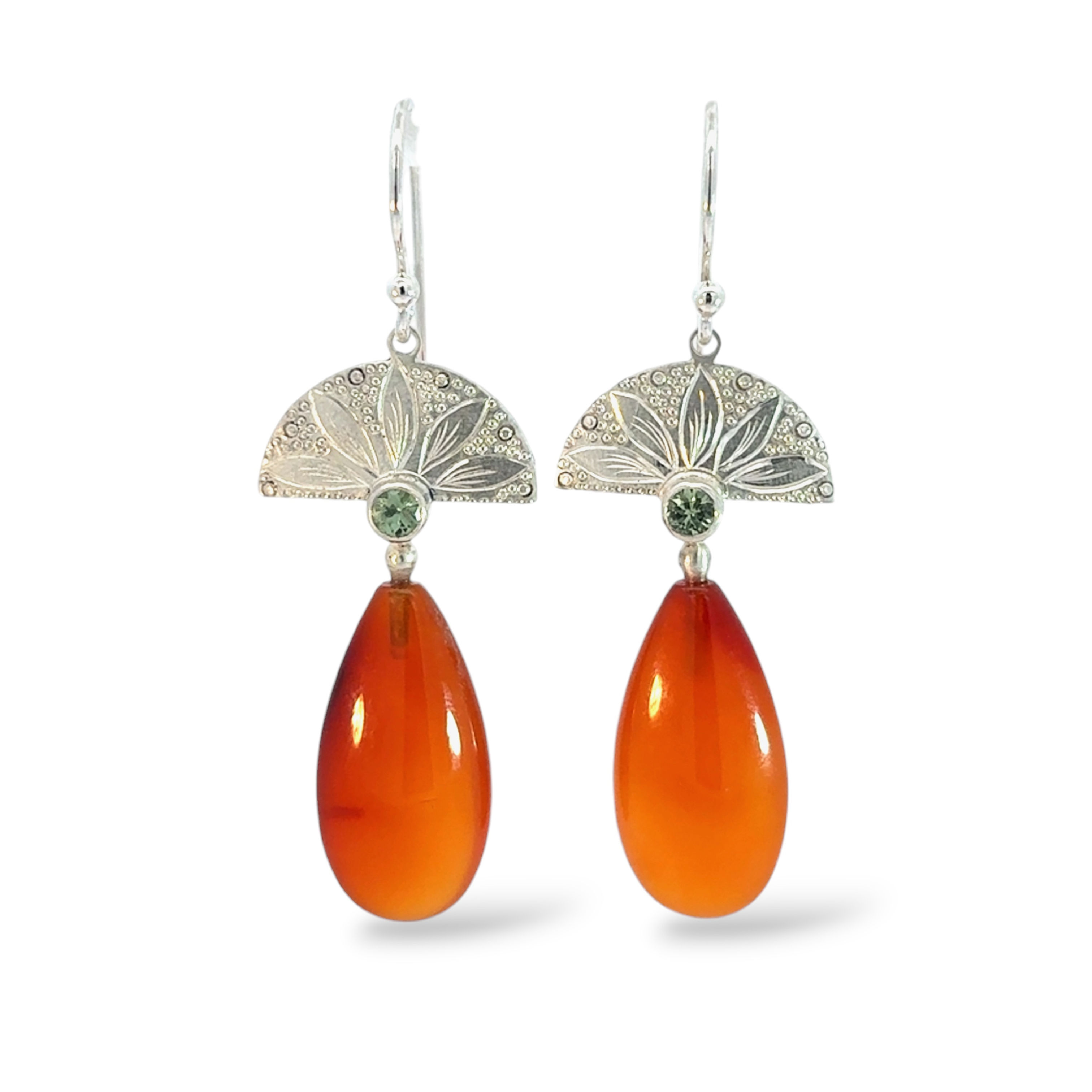 Carnelian Drops with Teal Sapphire and Engraved Flowers
