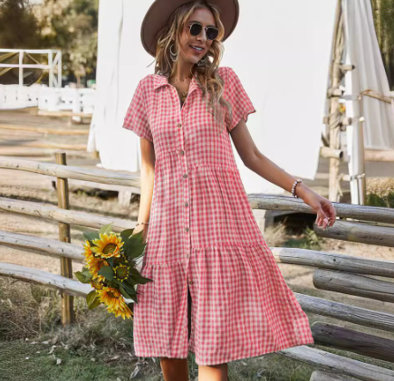 Short Sleeve Checkered Dress with Shirt Collar (One Piece)