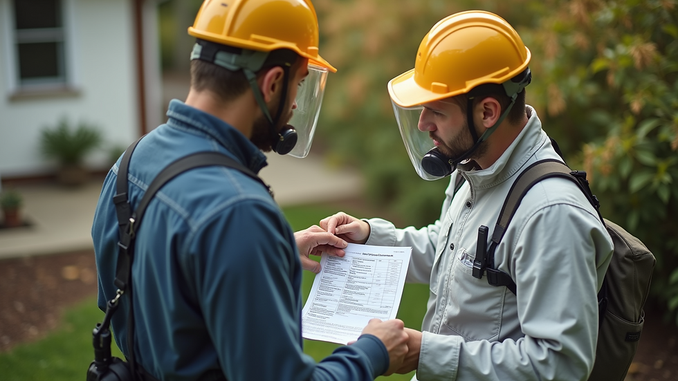 High angle view of a pest control technician discussing treatment plan with a homeowner