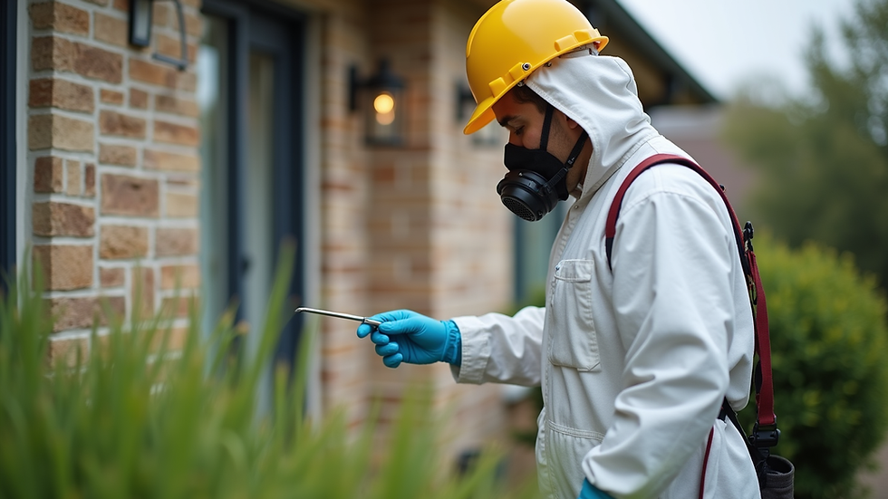 Close-up view of a pest control technician inspecting a home exterior