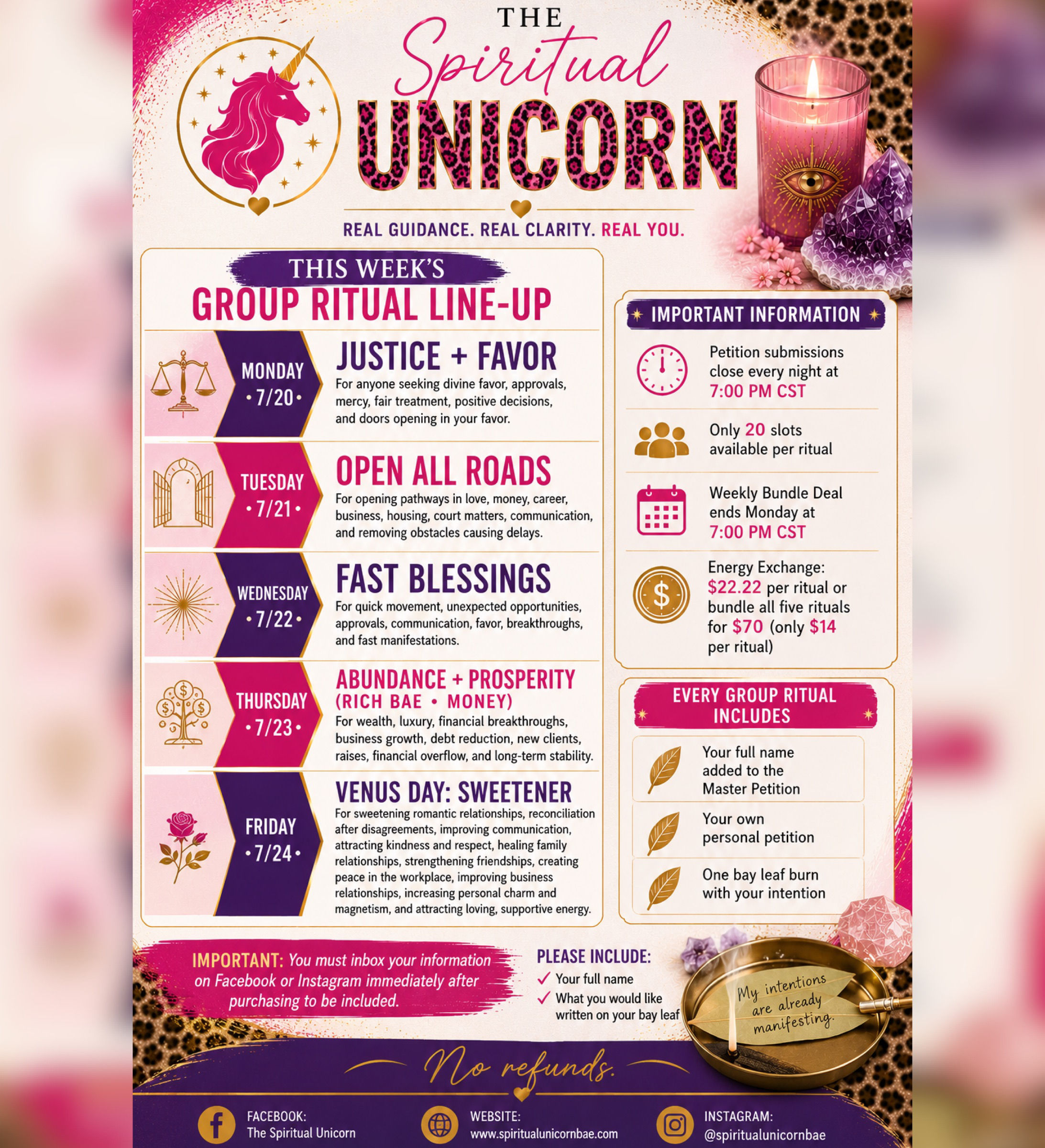 Justice + Favor, Open Road, Fast Blessings, Money, + Sweetener: 7/20-7/24