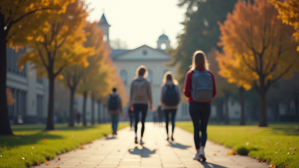 Eye-level view of a university campus with students walking