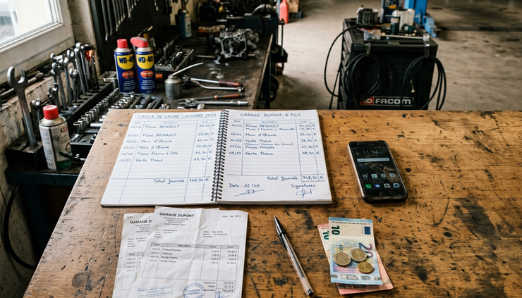 Vue en plongée d’un carnet de suivi, de factures et d’un téléphone dans un atelier de réparation.