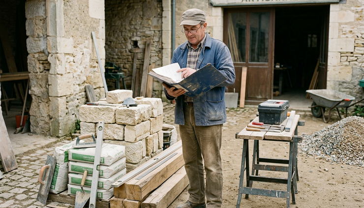 Vue large d’un artisan devant son chantier qui consulte un classeur de suivi près de matériaux empilés.