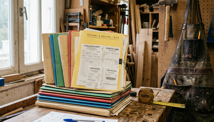 Vue rapprochée de justificatifs triés dans des pochettes colorées sur un établi d’artisan.