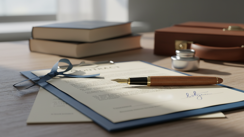 Close-up view of legal documents and pen on a wooden table