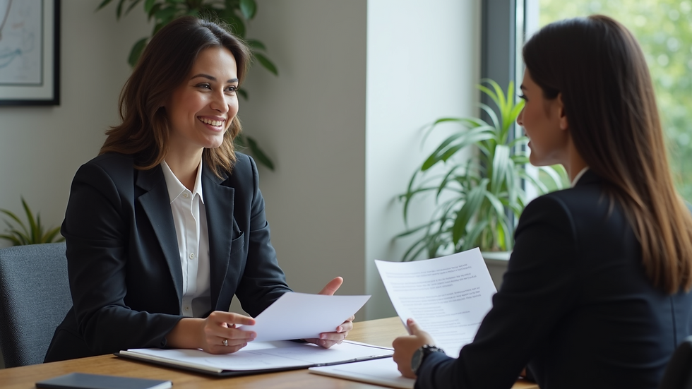 Close-up view of a bilingual legal support professional explaining documents to a client