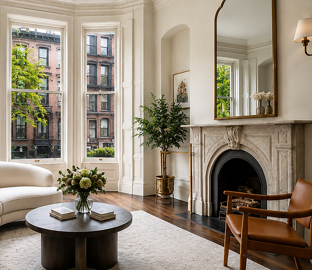 Elegant parlor with bay windows, marble fireplace and period architectural details