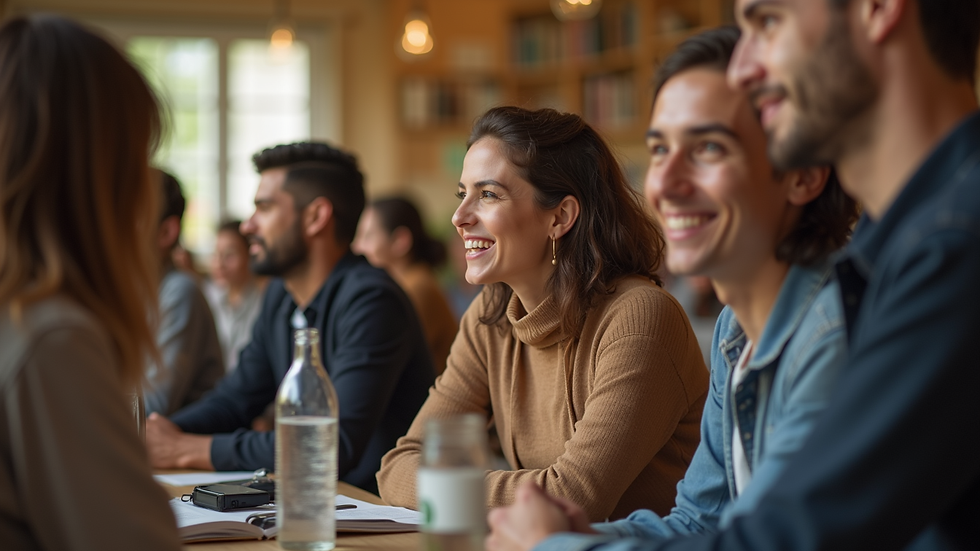 Close-up view of a community gathering with people sharing ideas