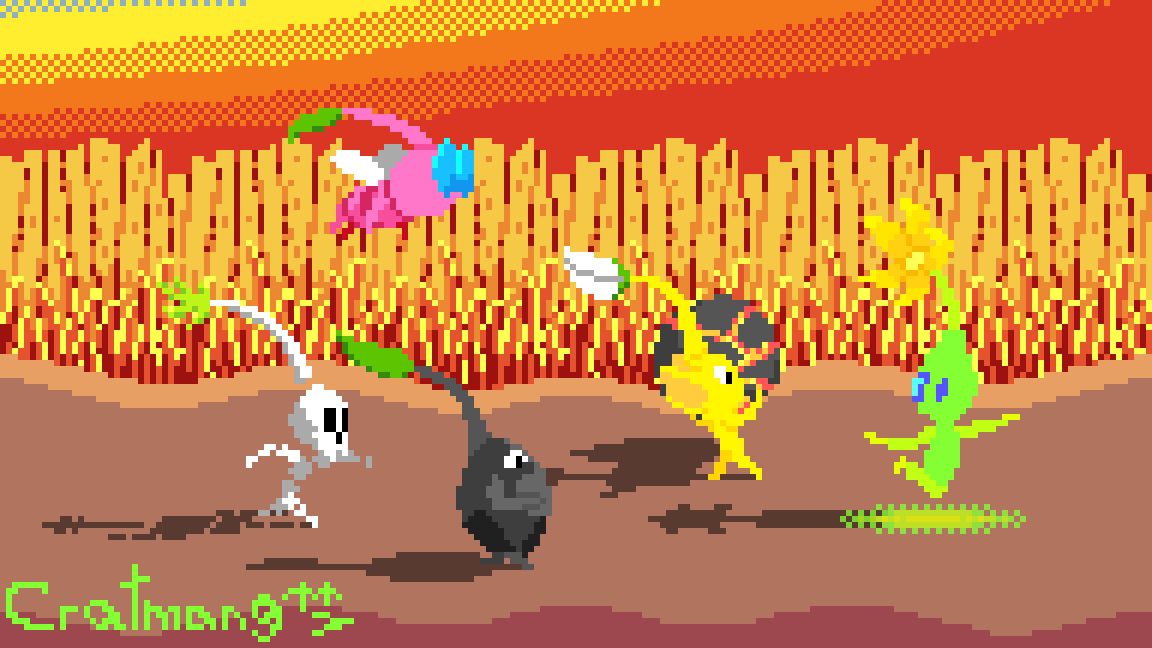 A group of pikmin rushing to get to the onion before sundown. From right to left, we see a Glow Pikm