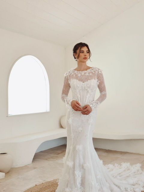 Romantic Lace Fit-and-Flare Wedding Dress with Detachable Long Sleeve Topper