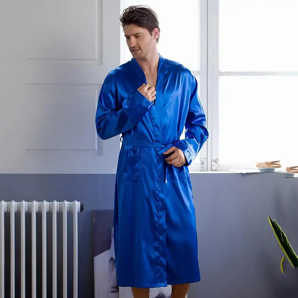 Miniatura: Chinese Men's Navy Blue Satin Robe With Belt Kimono Bathrobe Gown Nightgown