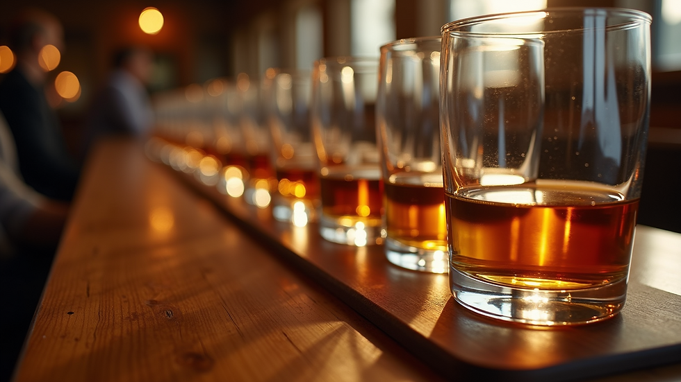 Eye-level view of a whisky tasting setup with multiple glasses