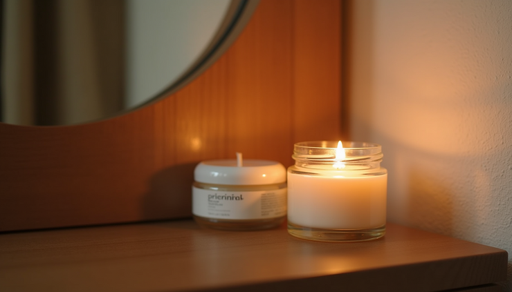Close-up view of a softly lit candle beside a jar of cream on a wooden vanity