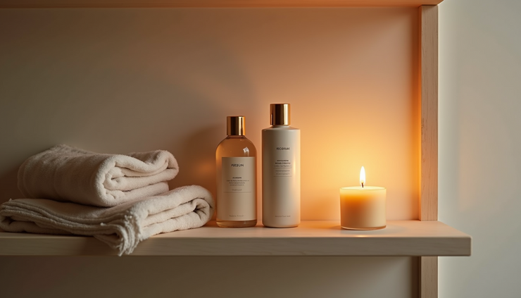 Eye-level view of a softly lit bathroom shelf with hydrating skincare products and a burning candle
