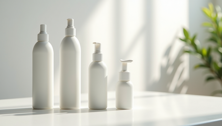 Close-up view of skincare bottles arranged in order of use on a white surface