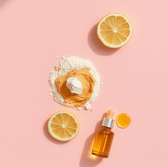 Warm pastel background, flat-lay of brightening skincare elements_ vitamin C powder, lemon