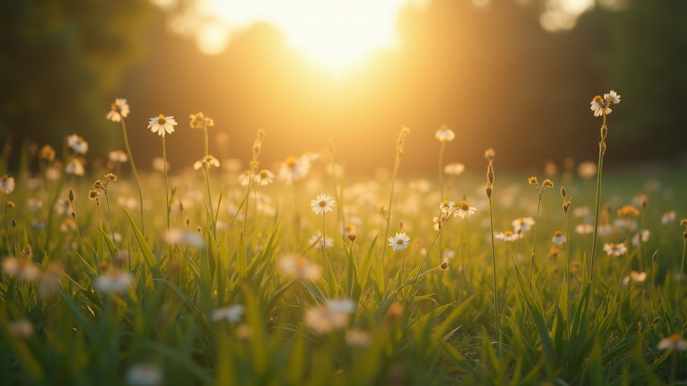 Close-up view of a serene morning landscape with soft sunlight filtering through trees