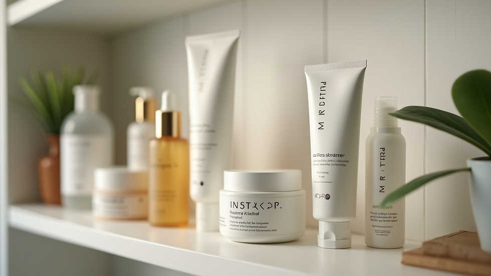 Close-up view of a variety of skincare products arranged neatly on a shelf