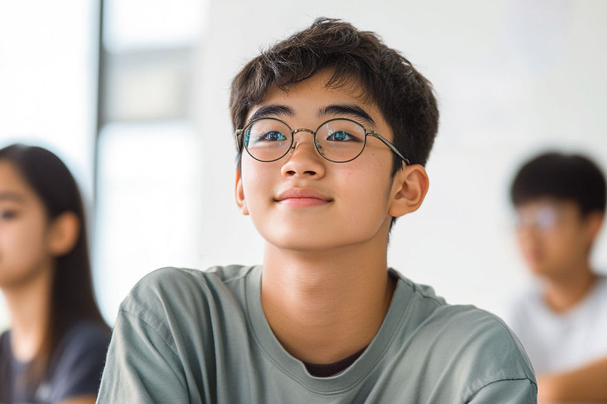 Secondary School boy listening attentively to his teacher during his English tuition lesson.