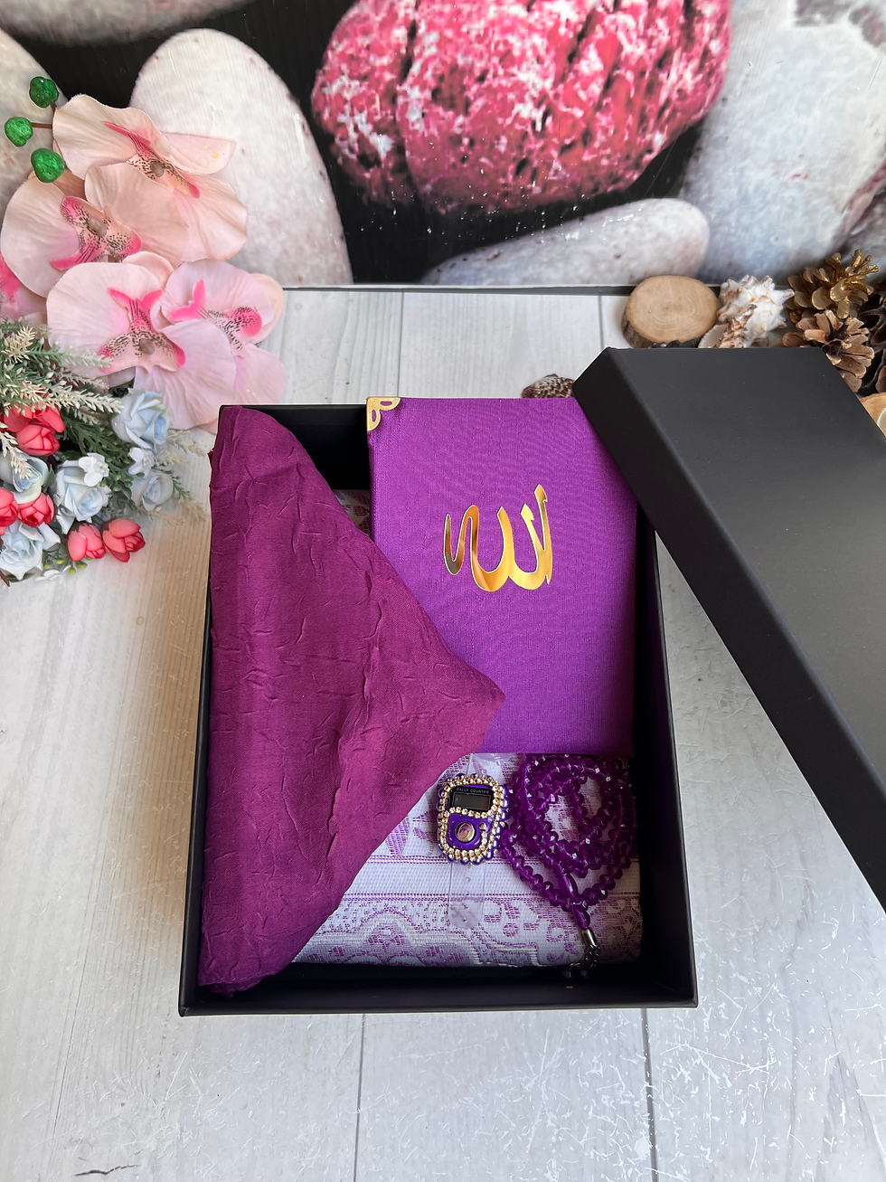 Küçük resim: Anneler Günü Hediyesi 7 Parça | Dini Hediyelik Seccade Bambu kraş Başörtü Set