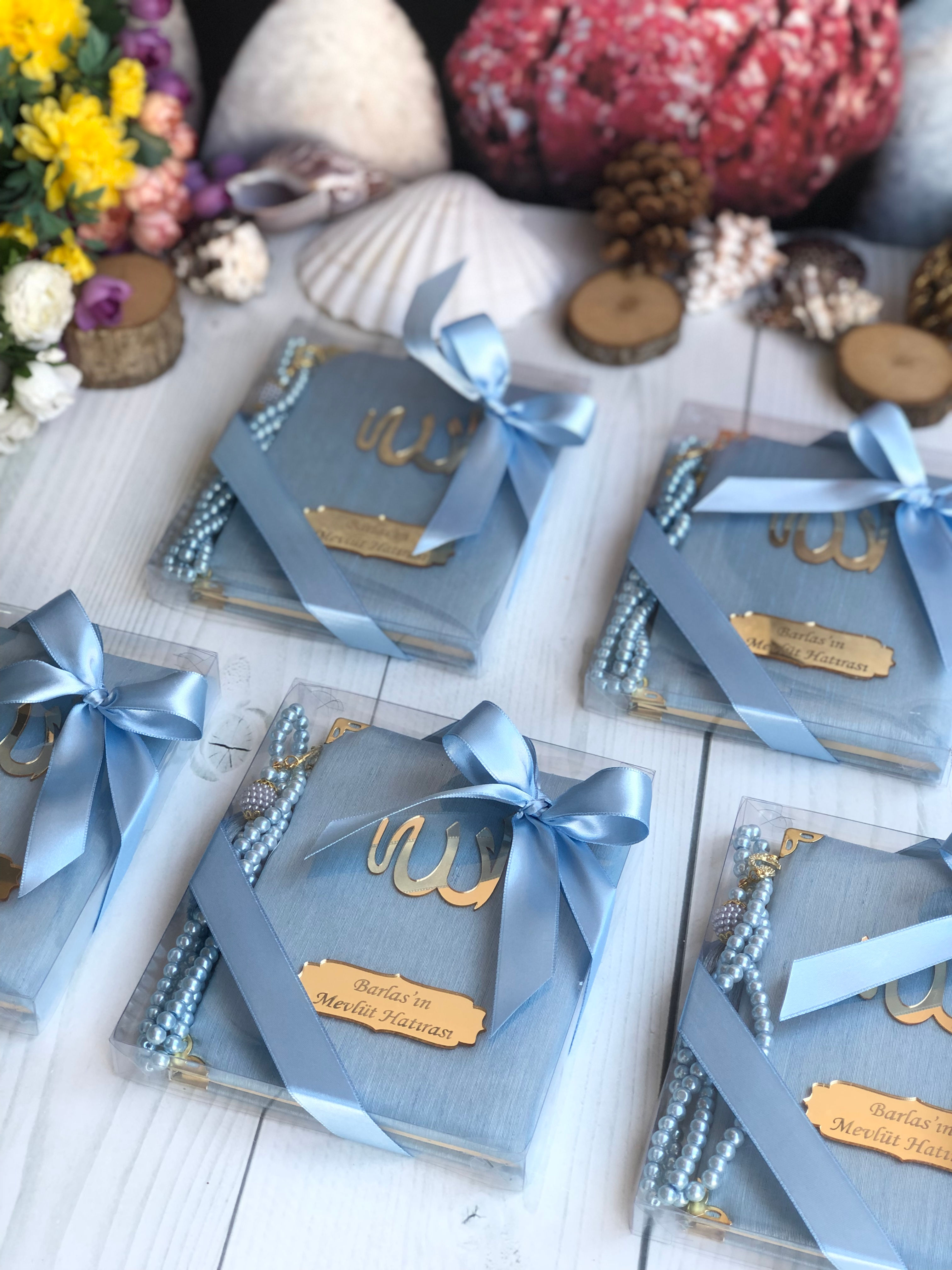 Şantuk Yasin-i Şerif ve İnci Tespih -Mavi-Bebek Mevlüt Hediyelikleri 10'lu Set