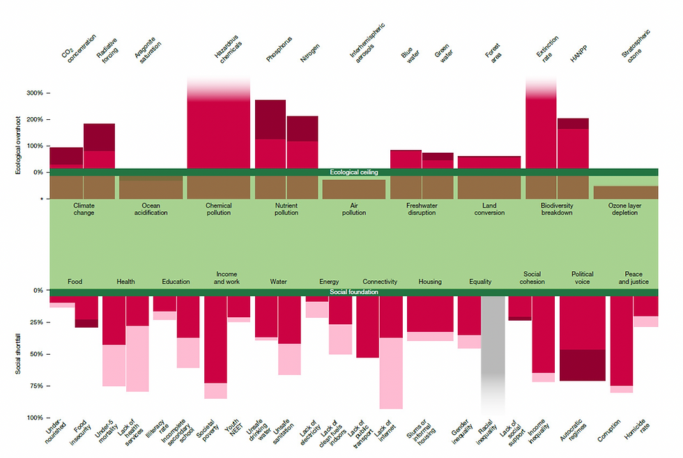 Source : rapport du CESE "L'intégration des limites planétaires dans les décisions publiques et privées" - Représentation "baguette" du donut 3.0 : évolution des indicateurs relatifs au plancher social et au plafond écologique entre 2000-2001 et 2021-2022